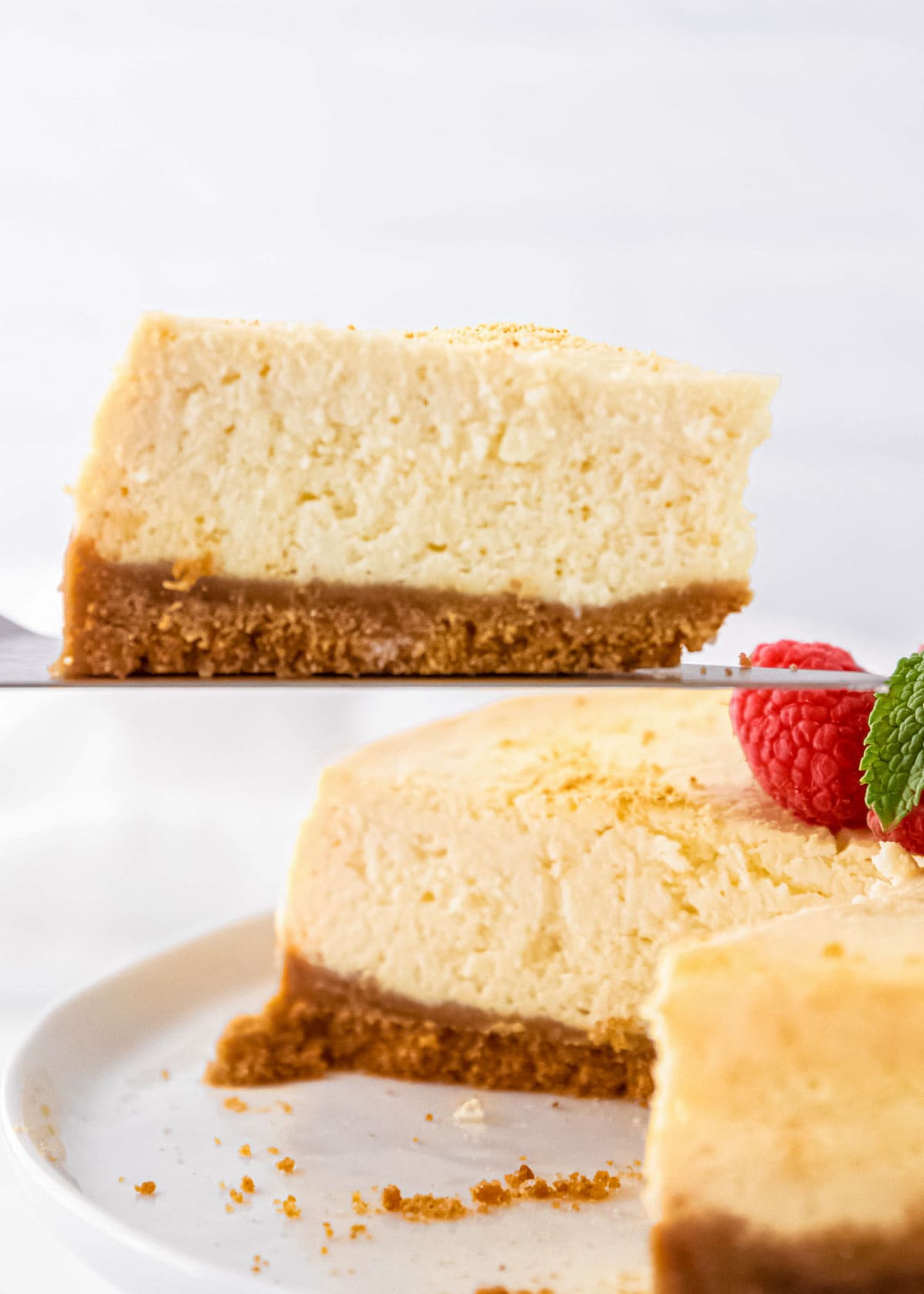 A thick piece of instant pot cheesecake being lifted with a spatula