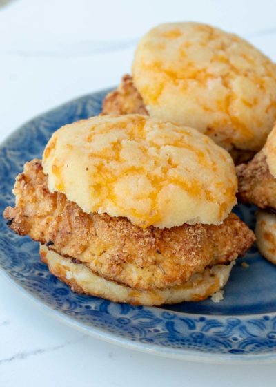 A low carb chicken and biscuit on a blue plate