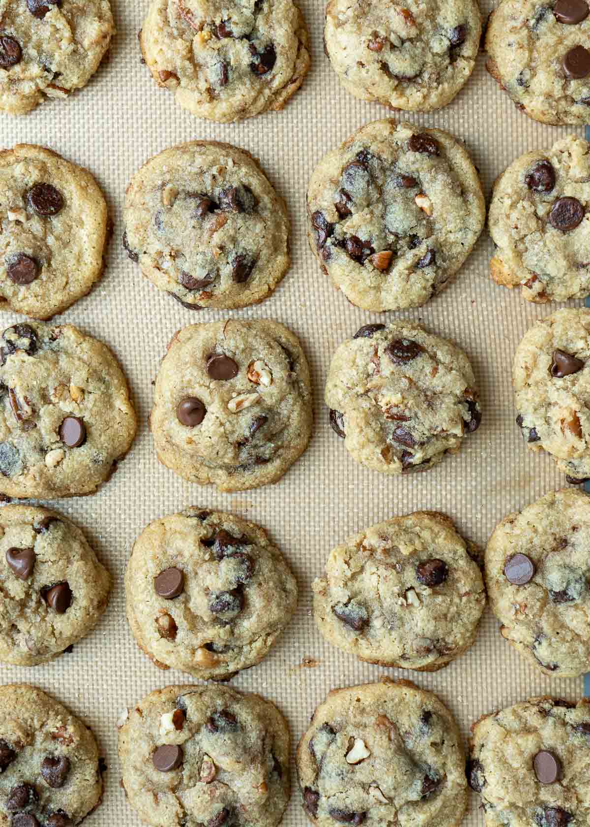 perfect keto chocolate chip cookies on a baking sheet