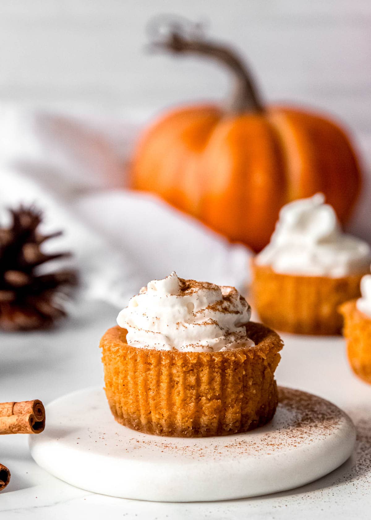 mini pumpkin cheesecake on a plate with whipped cream