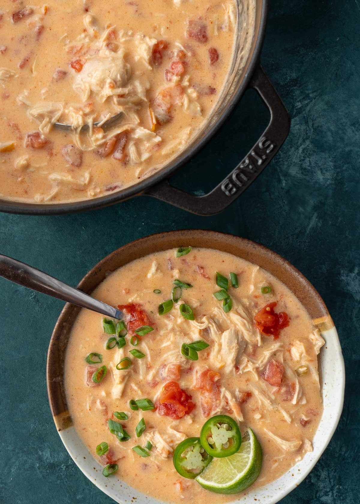 an overhead shot of a creamy chicken soup