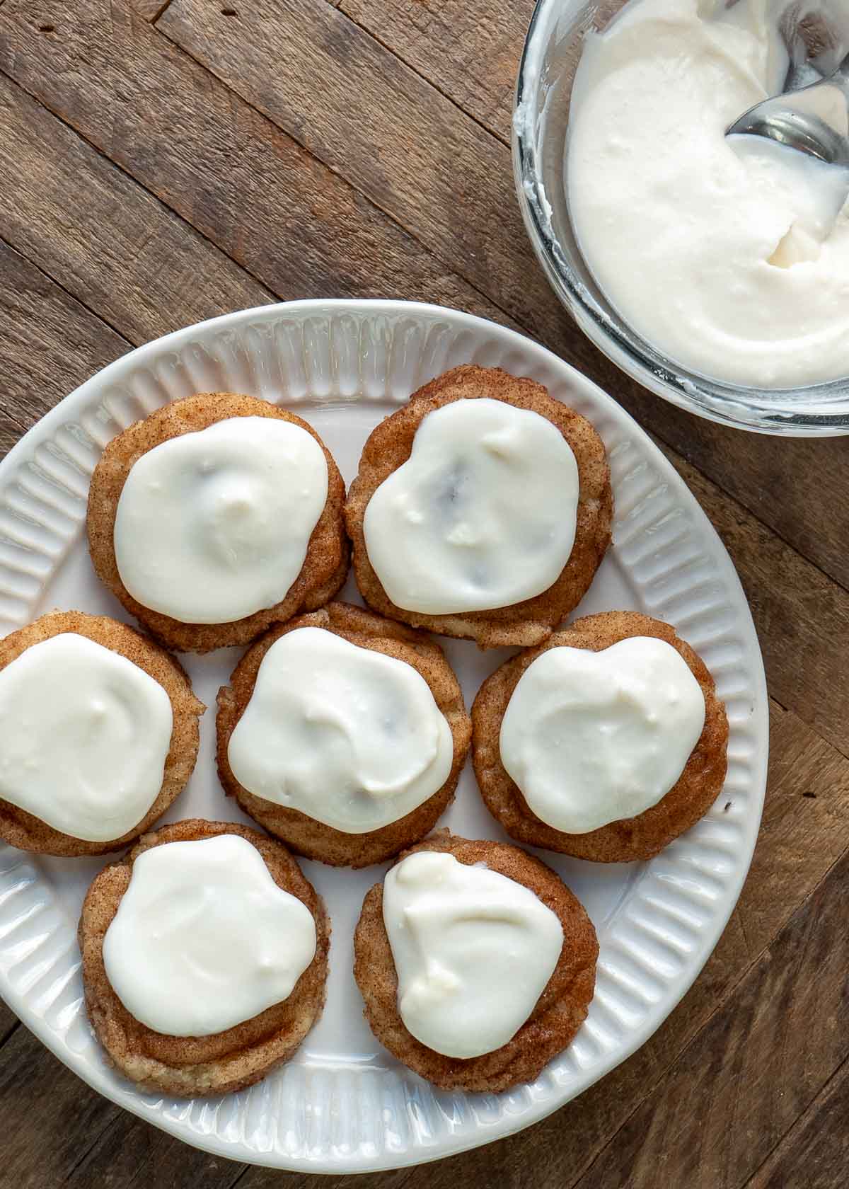 an overhead shot of frosted snickerdoodle cookies