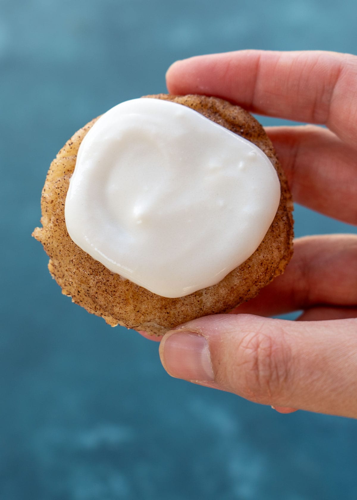 close up shot of frosted snickerdoodle cookie