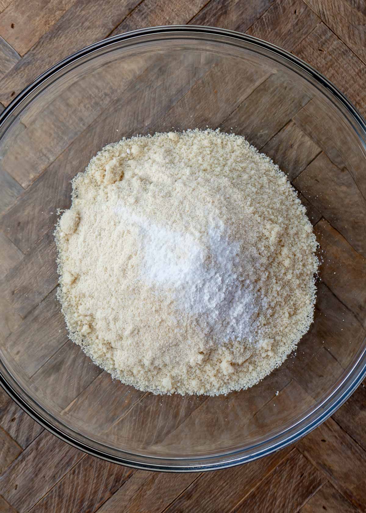almond flour, coconut flour, baking soda, baking powder, and salt in a bowl for keto sugar cookies