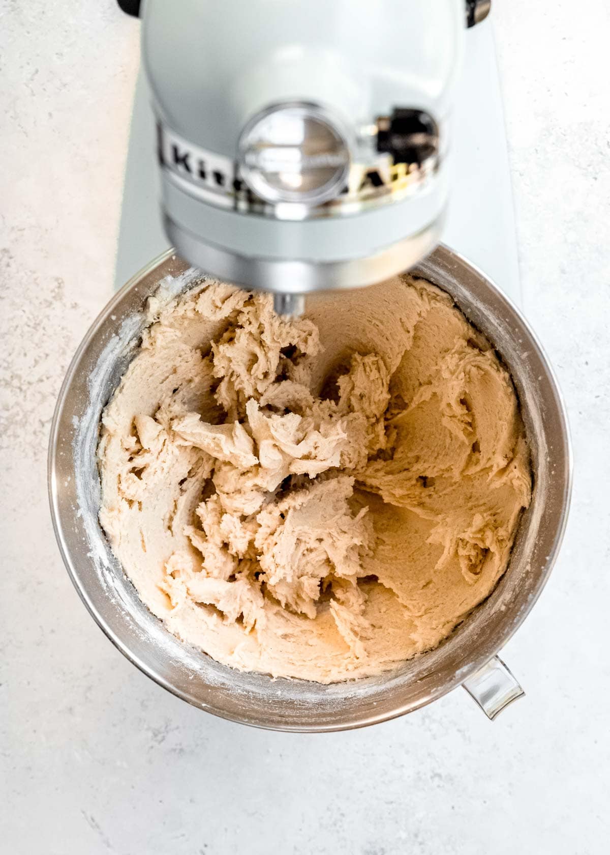 well-mixed gluten free sugar cookie dough in a stand mixer