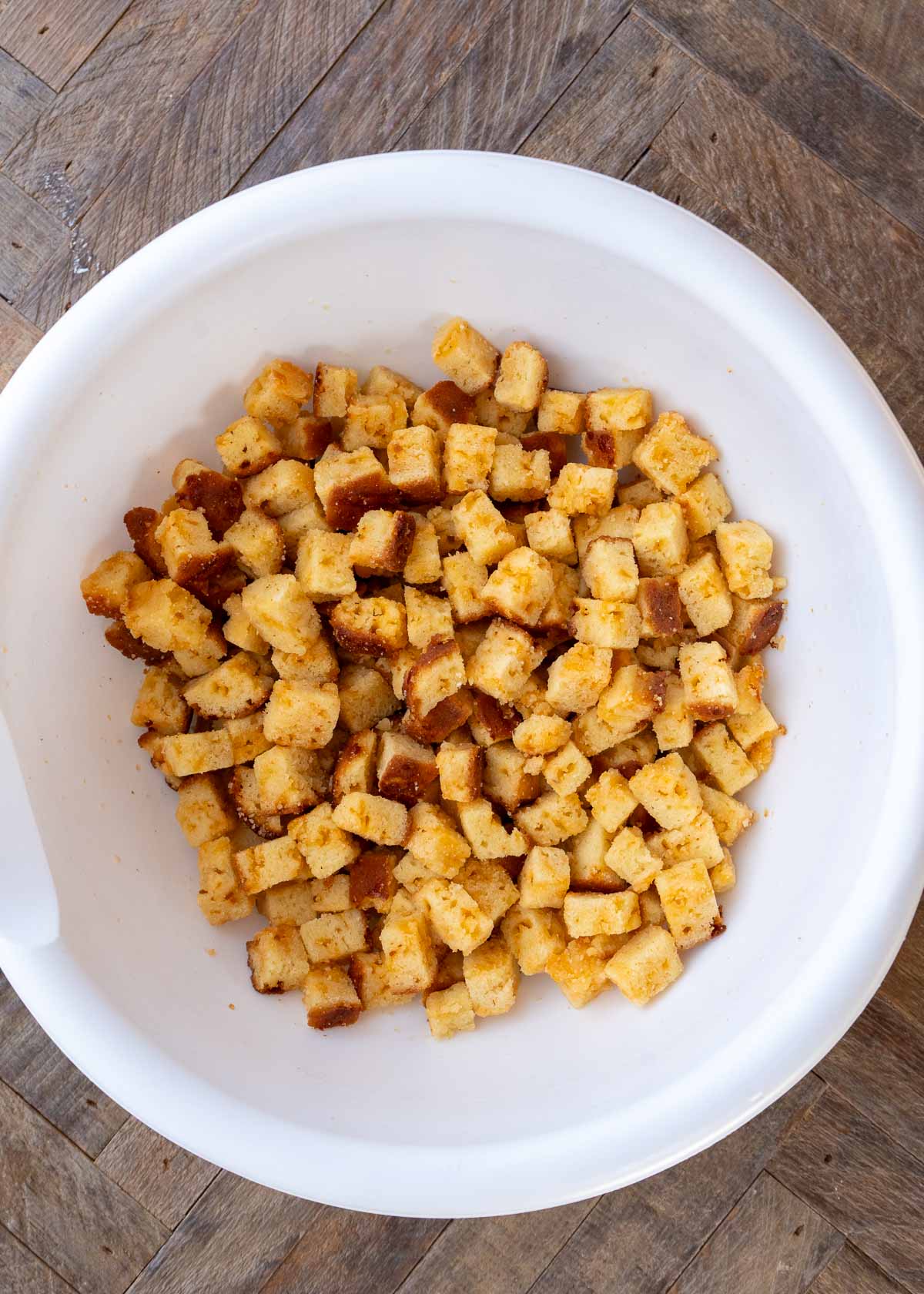 stale bread in a bowl for sausage stuffing