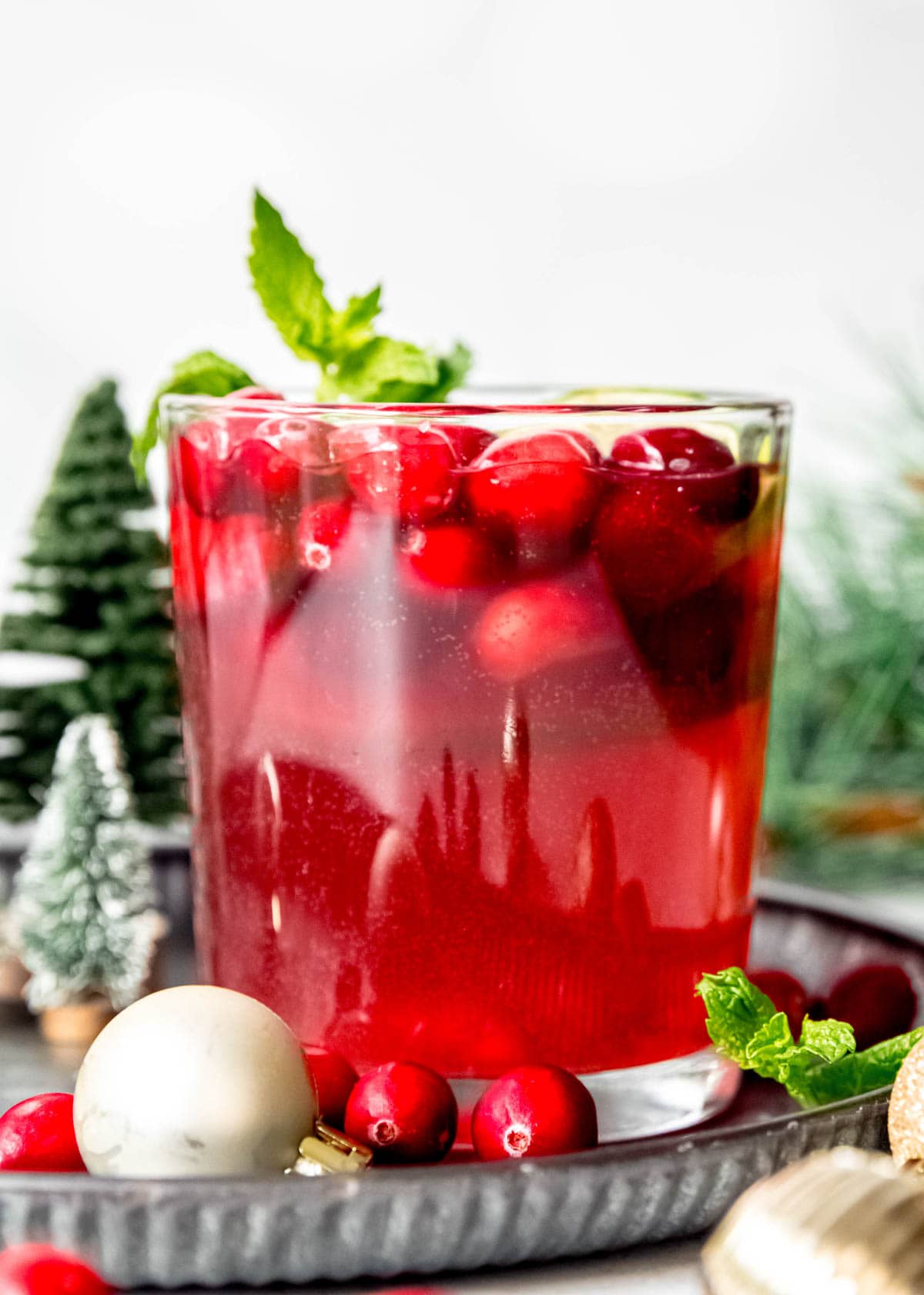 closeup straight-on shot of a glass of christmas punch