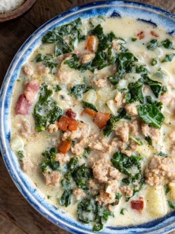 an overhead shot of a bowl of zuppa toscana