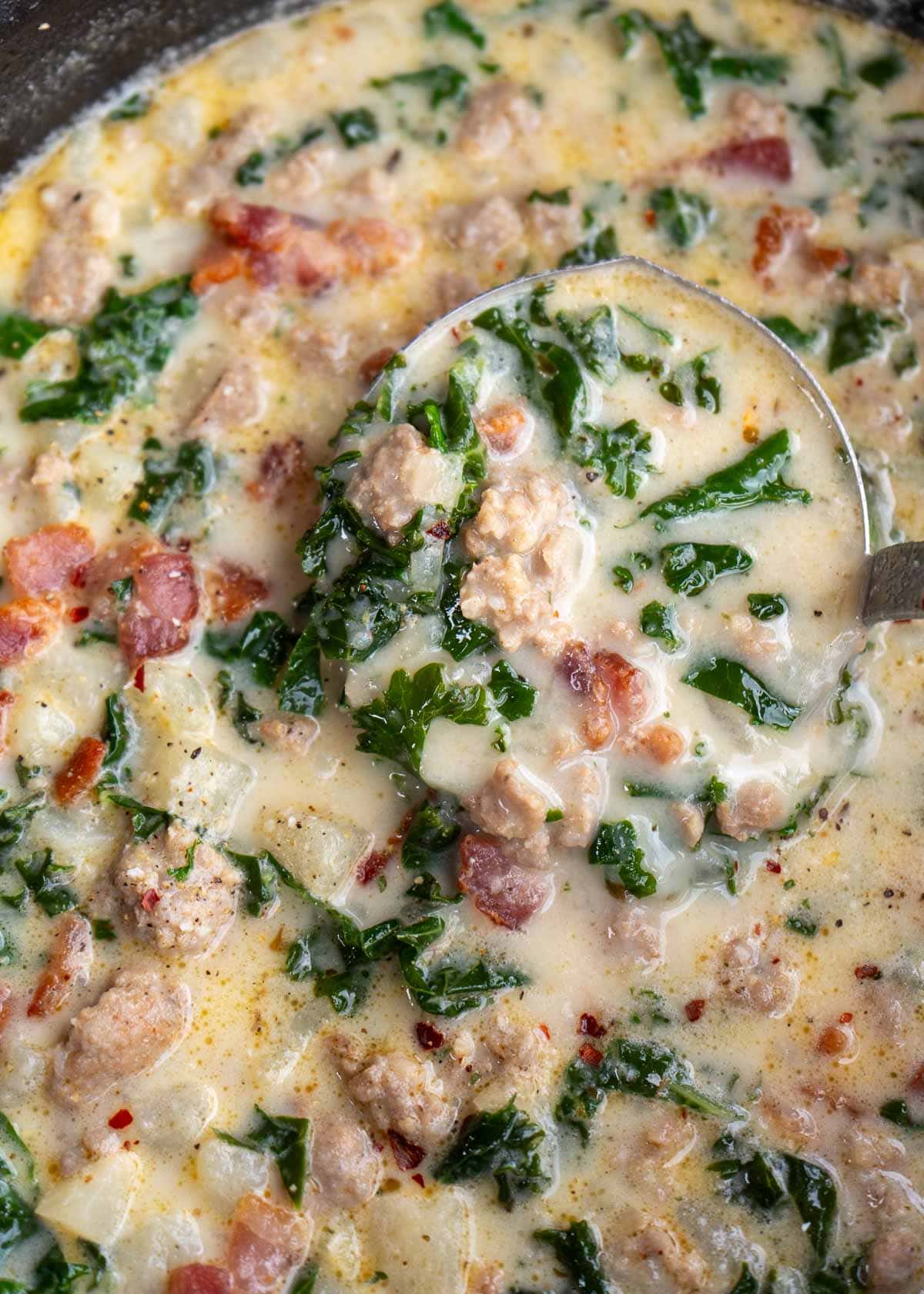 a big ladle of the BEST zuppa toscana soup