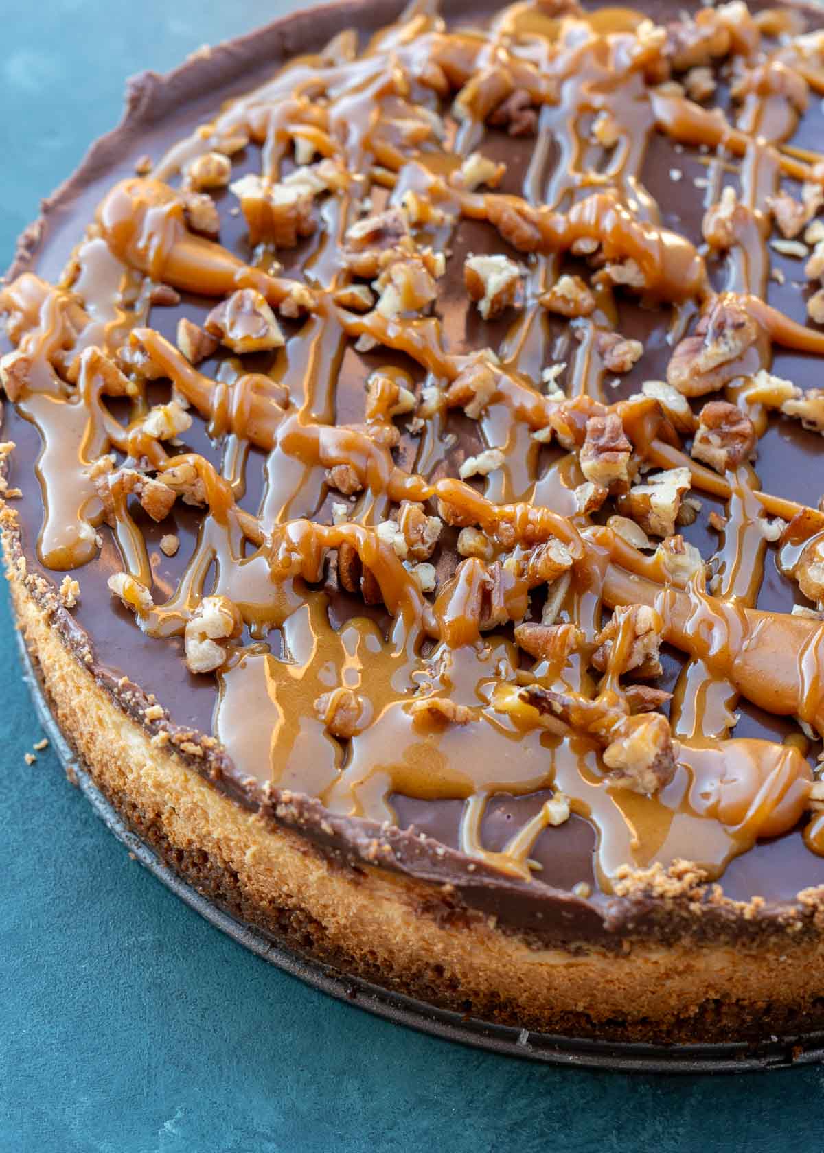 a shot of an uncut turtle cheesecake
