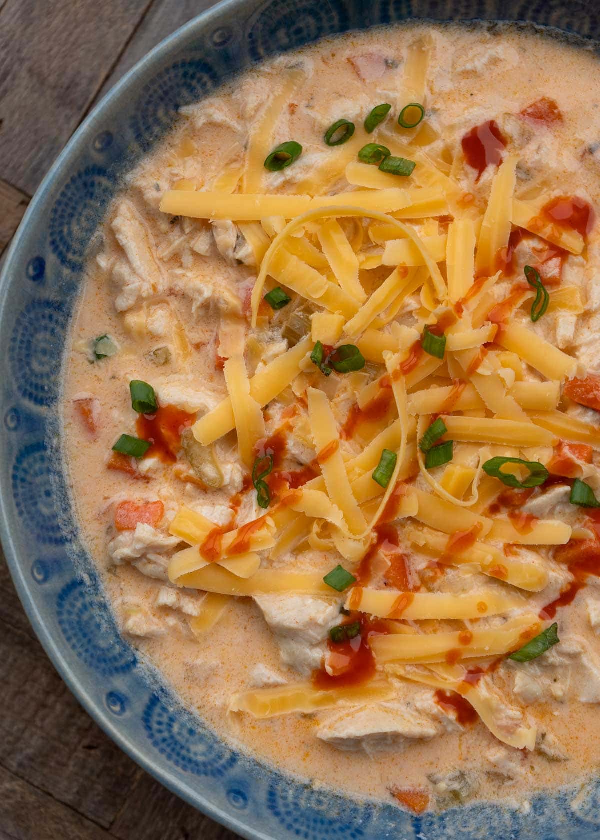 buffalo chicken soup in a blue bowl