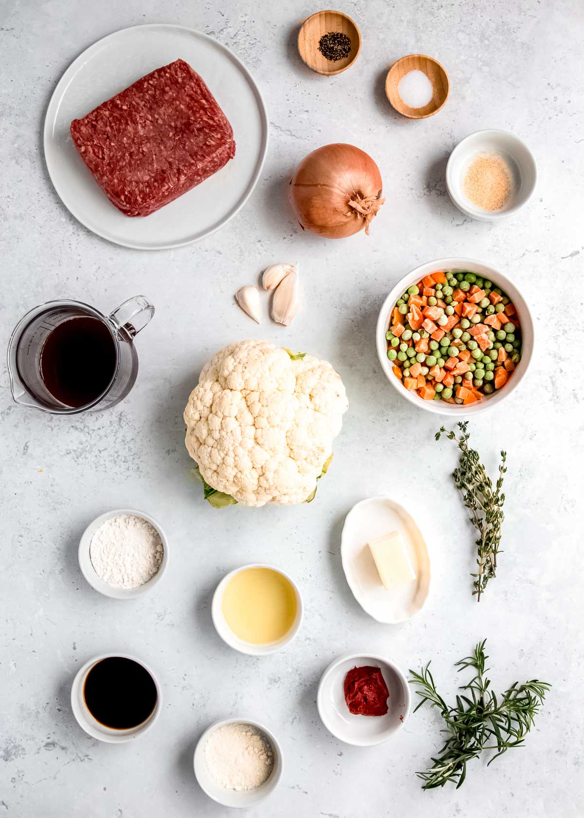 lightened up shepherd's pie ingredients on a white background