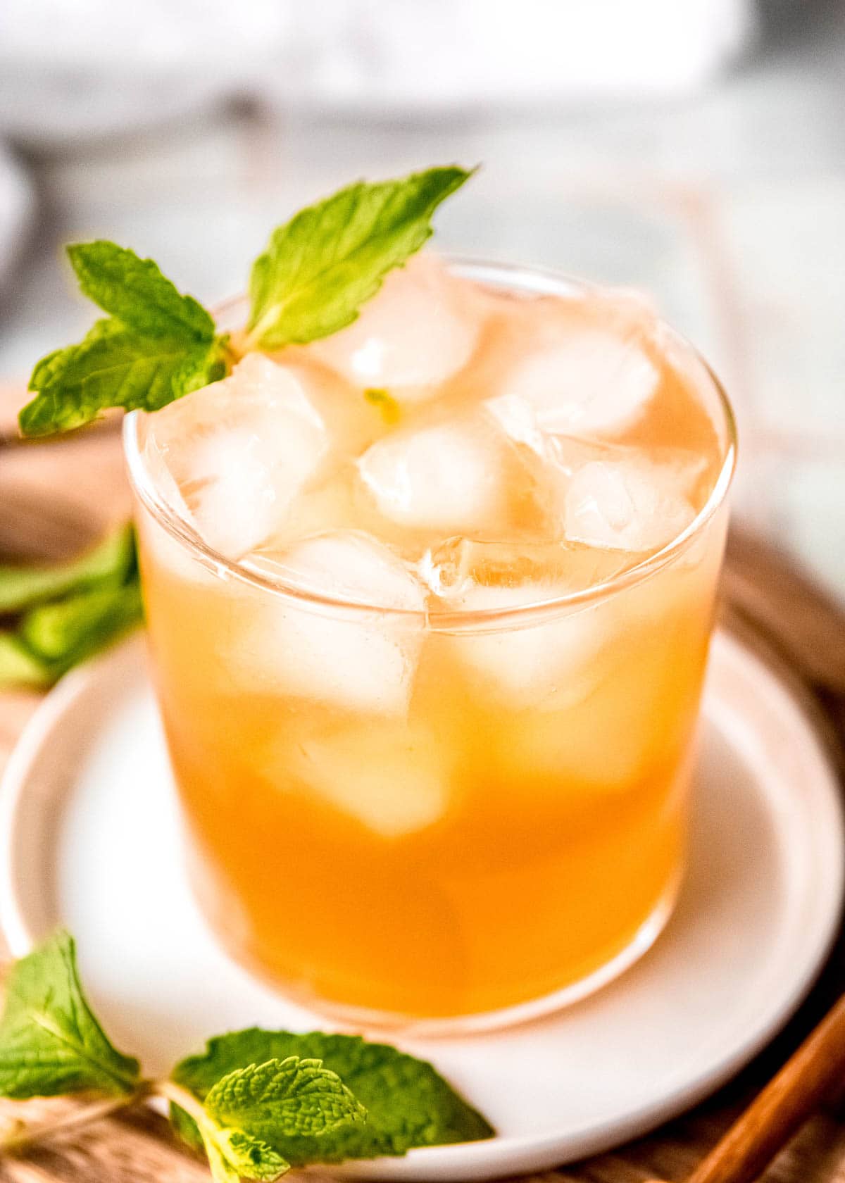 overhead shot of mint julep in a clear glass