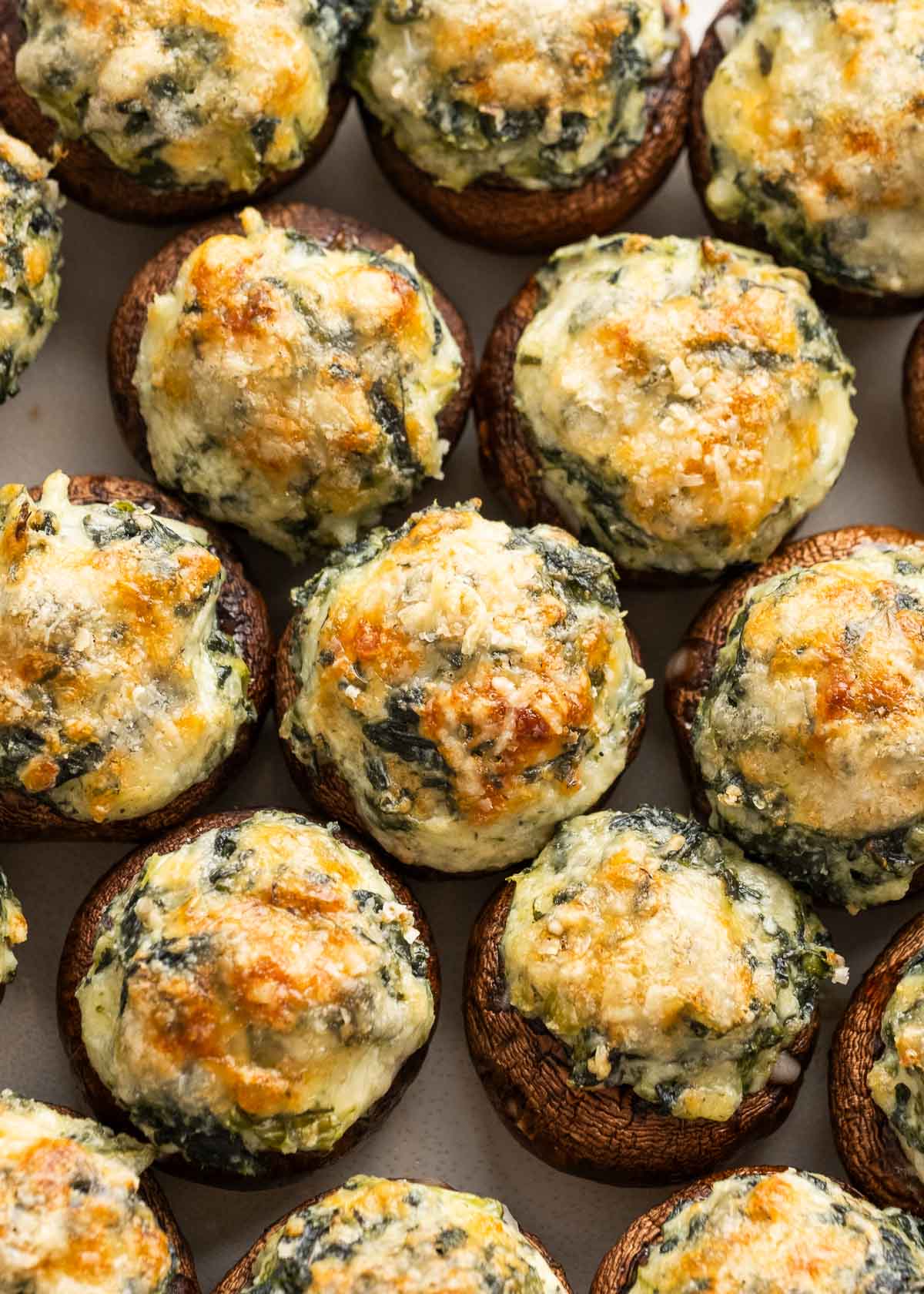overhead shot of many spinach stuffed mushrooms sprinkled with parmesan cheese