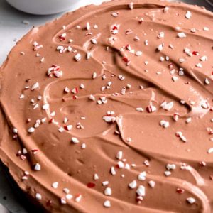 a large, perfect no bake peppermint mocha pie with an oreo cookie crust