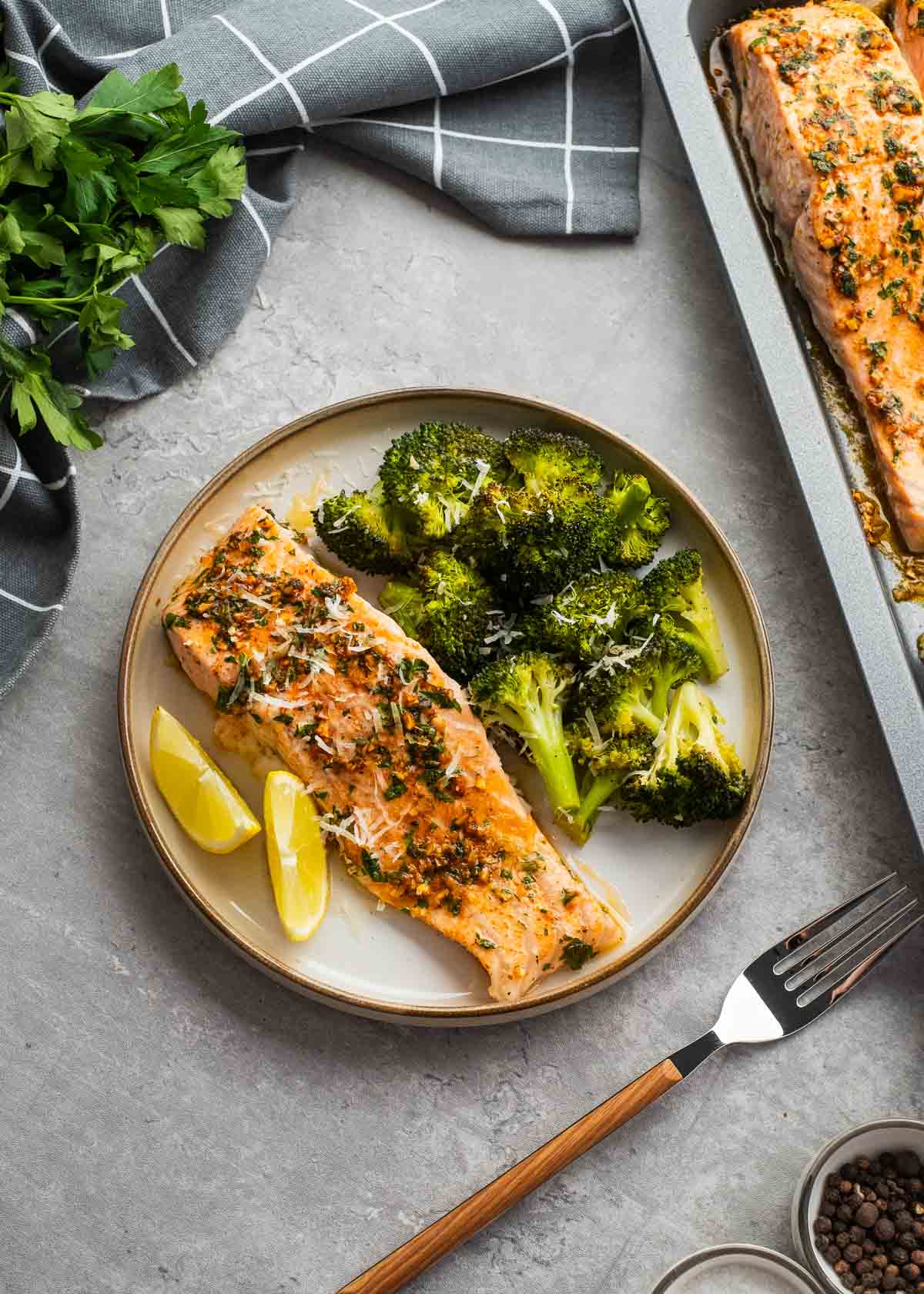 overhead image of sheet pan salmon