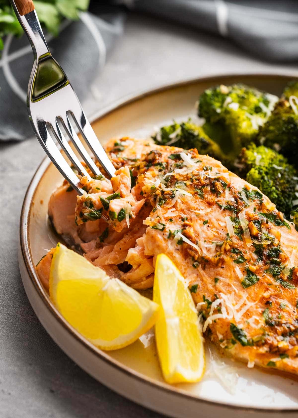 close up image of salmon and broccoli and a fork on a white plate