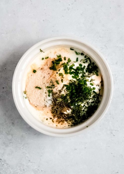 sour cream, buttermilk, and mayonnaise with fresh herbs and dried seasonings for the BEST homemade ranch dressing