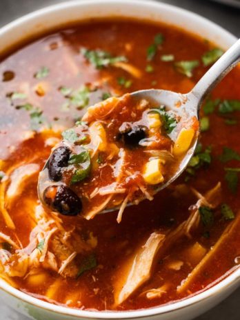 a spoon full of chicken enchilada soup over a bowl