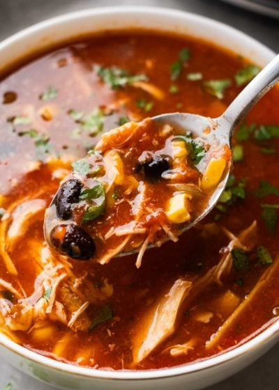 a spoon full of chicken enchilada soup over a bowl