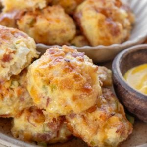 close up image of denver omelet bites on a white plate with dipping sauce