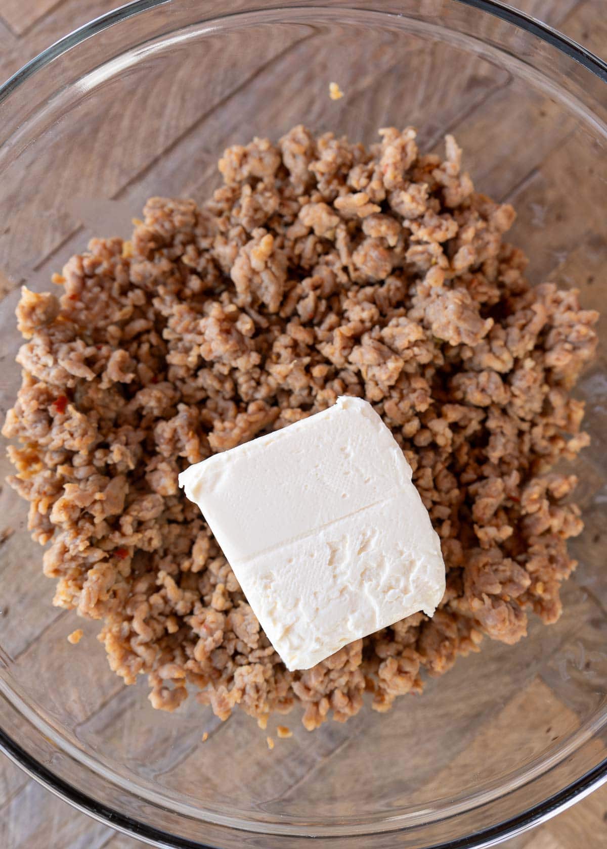 sausage and cream cheese in bowl