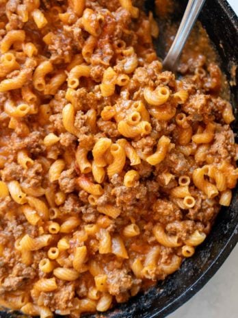 a big pot full of homemade hamburger helper made from scratch