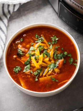 overhead shot of a bowl of crockpot chicken enchilada soup