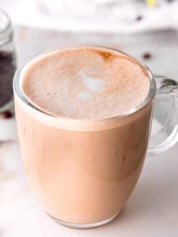 close up, overhead image of almond milk latte