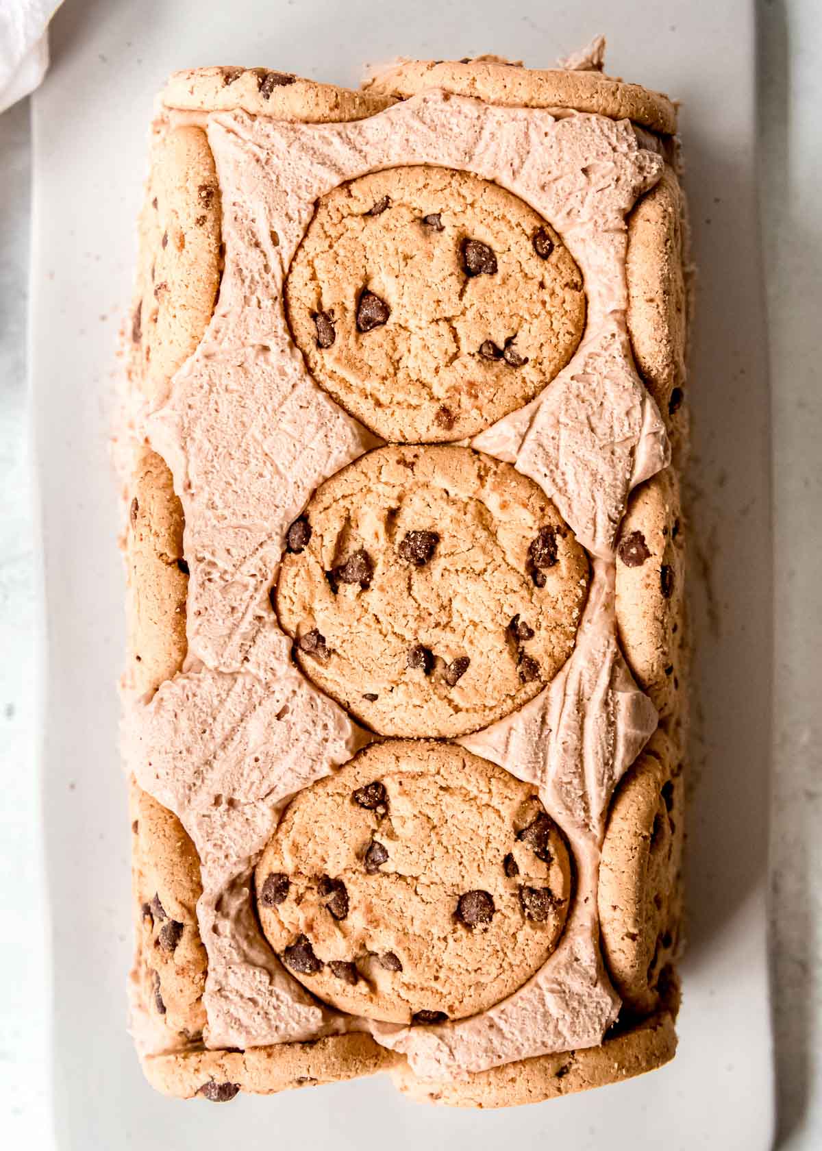 the perfect mocha icebox cake lined with gluten-free chocolate chip cookies