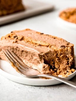 closeup show showing creamy mocha icebox cake with gluten-free cookie layers