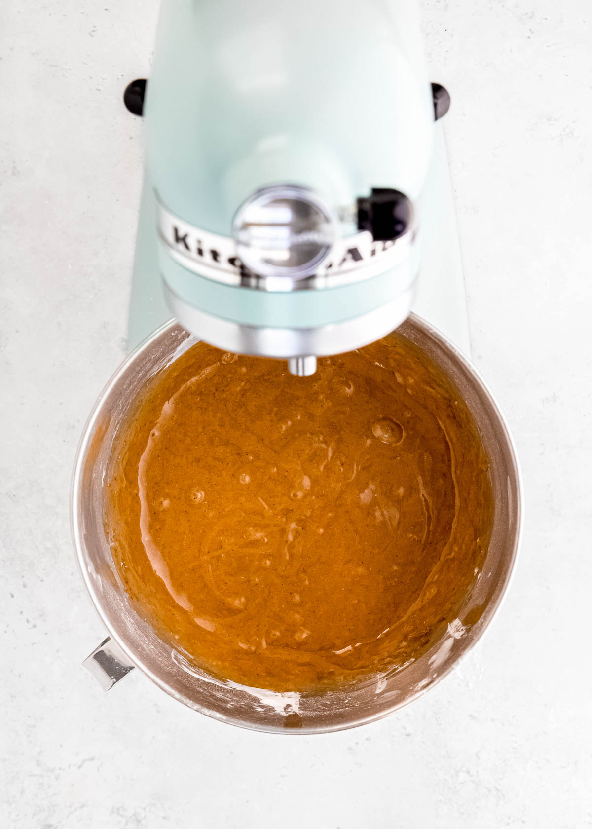 gluten-free gingerbread cupcake batter in a kitchenaid stand mixer