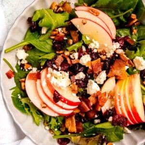 Sliced apples, chopped pecans, dried cranberries, feta cheese, crumbled bacon, and a maple-dijon dressing on a salad on a white platter