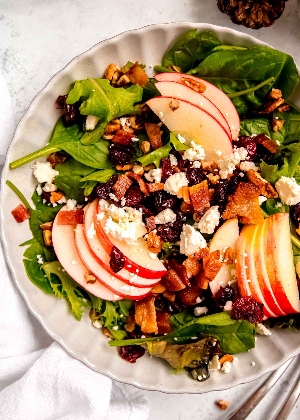 Sliced apples, chopped pecans, dried cranberries, feta cheese, crumbled bacon, and a maple-dijon dressing on a salad on a white platter