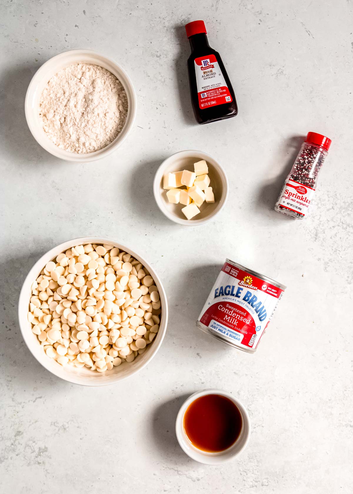 all sugar cookie fudge ingredients on a counter