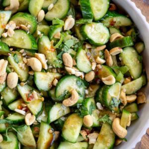 Overhead shot showing cucumber cashew salad, the perfect summer side dish