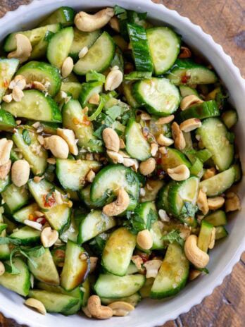 Overhead shot showing cucumber cashew salad, the perfect summer side dish