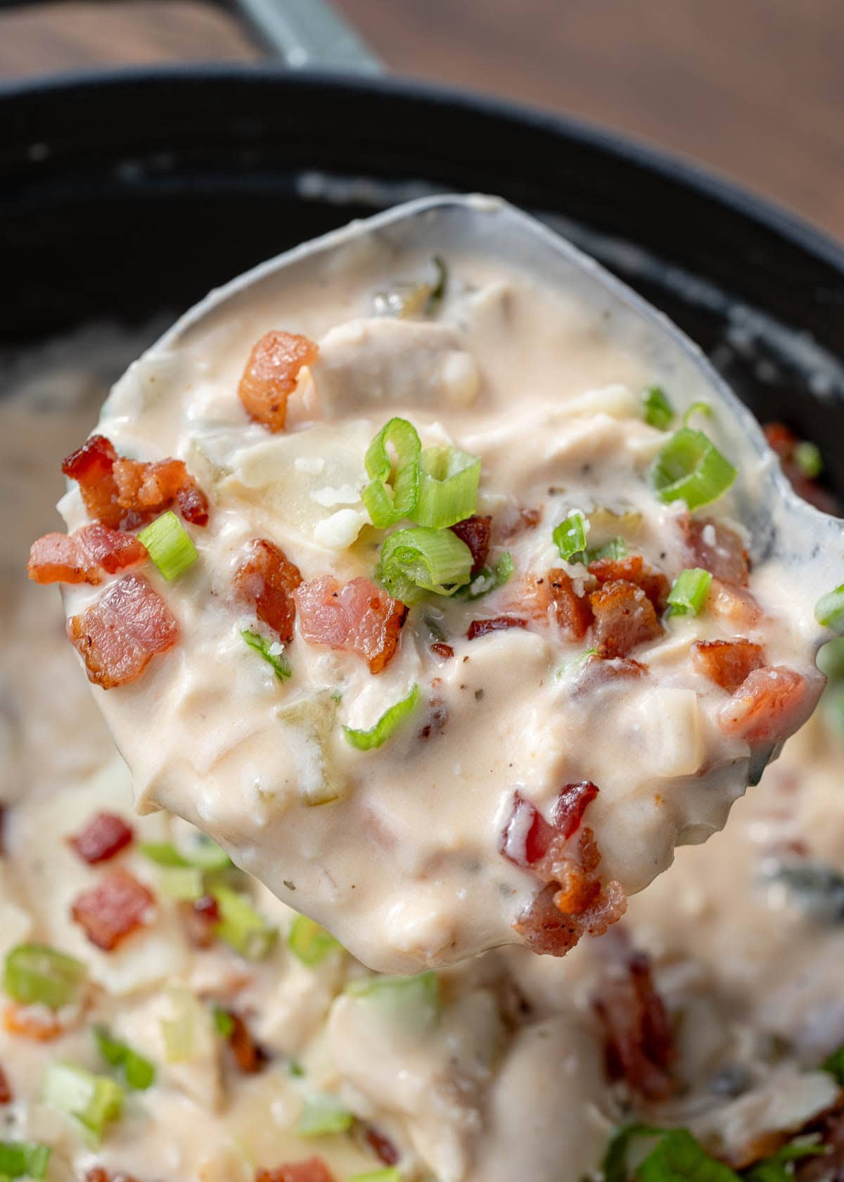 closeup of creamy keto chicken soup with bacon
