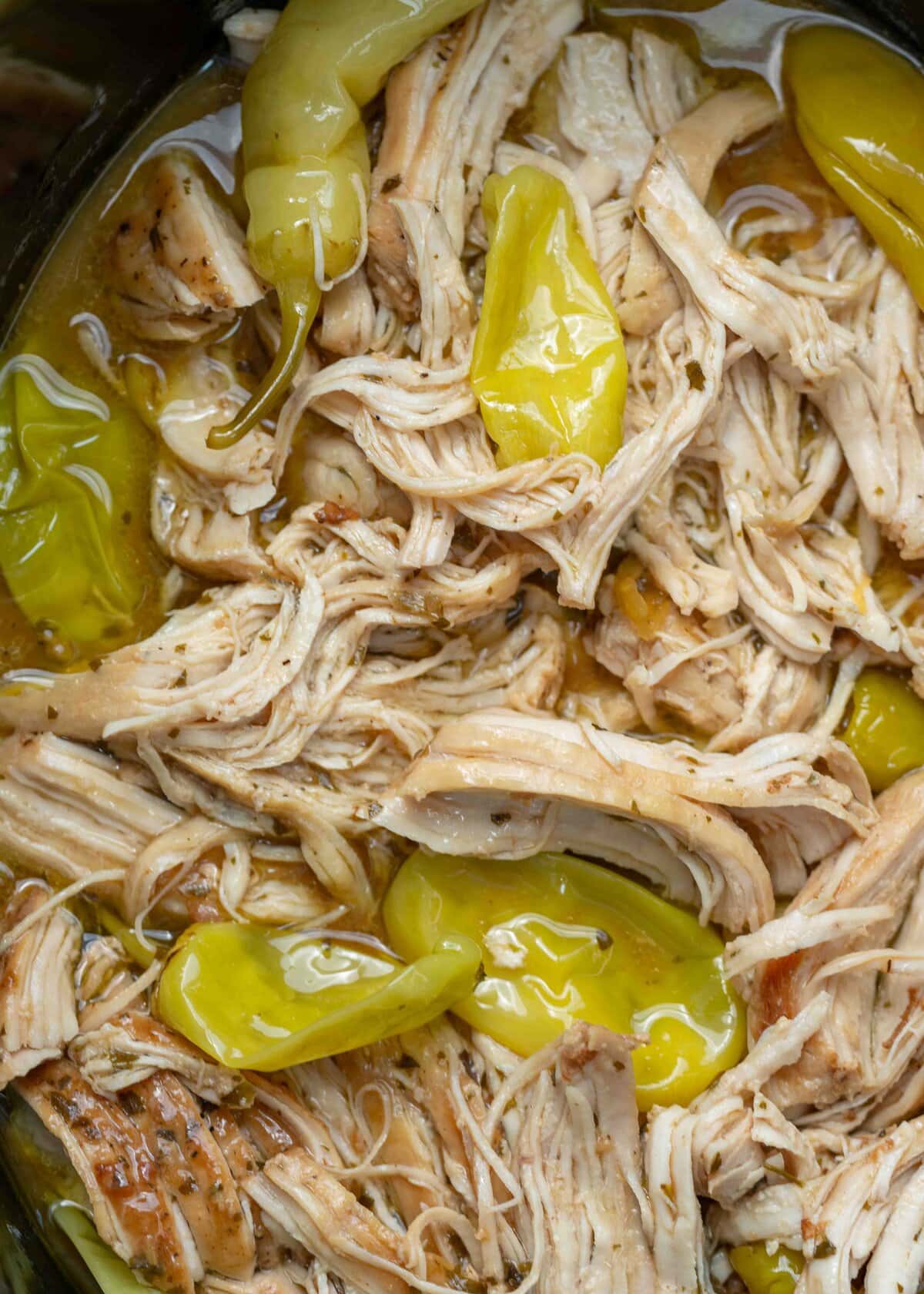 shredded Mississippi Chicken with pepperoncini peppers