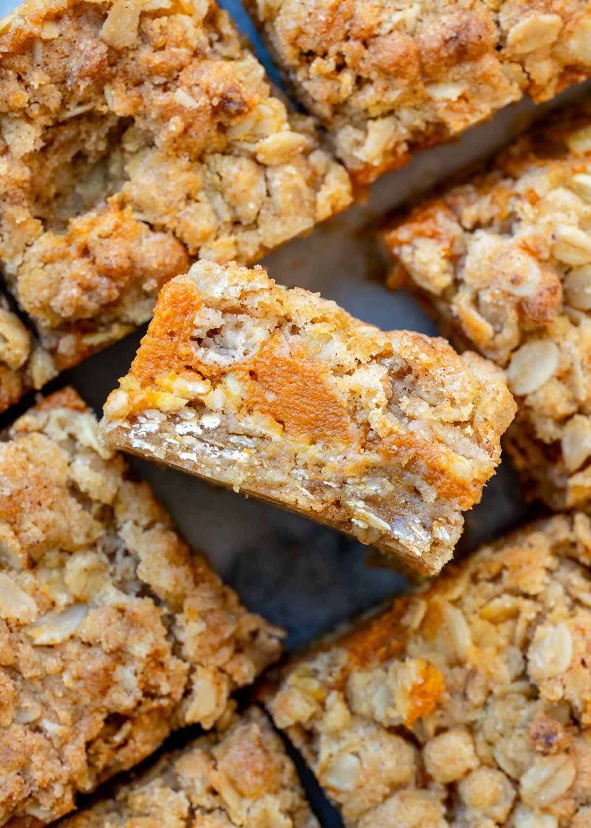 a pumpkin bar on its side showing the crumble oat layers with the pumpkin pie filling