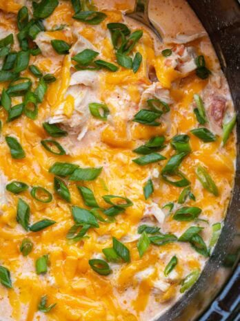 creamy chicken rotel in a crockpot, topped with cheese and green onions