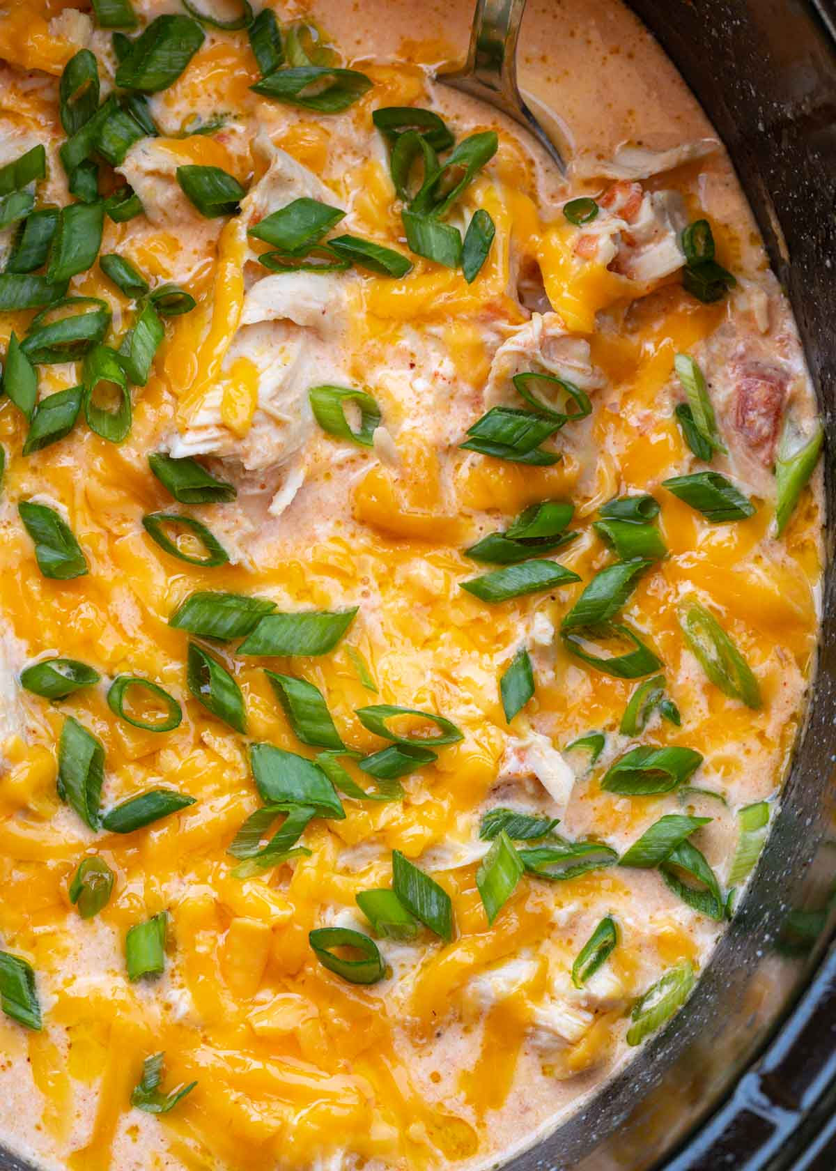 creamy chicken rotel in a crockpot, topped with cheese and green onions