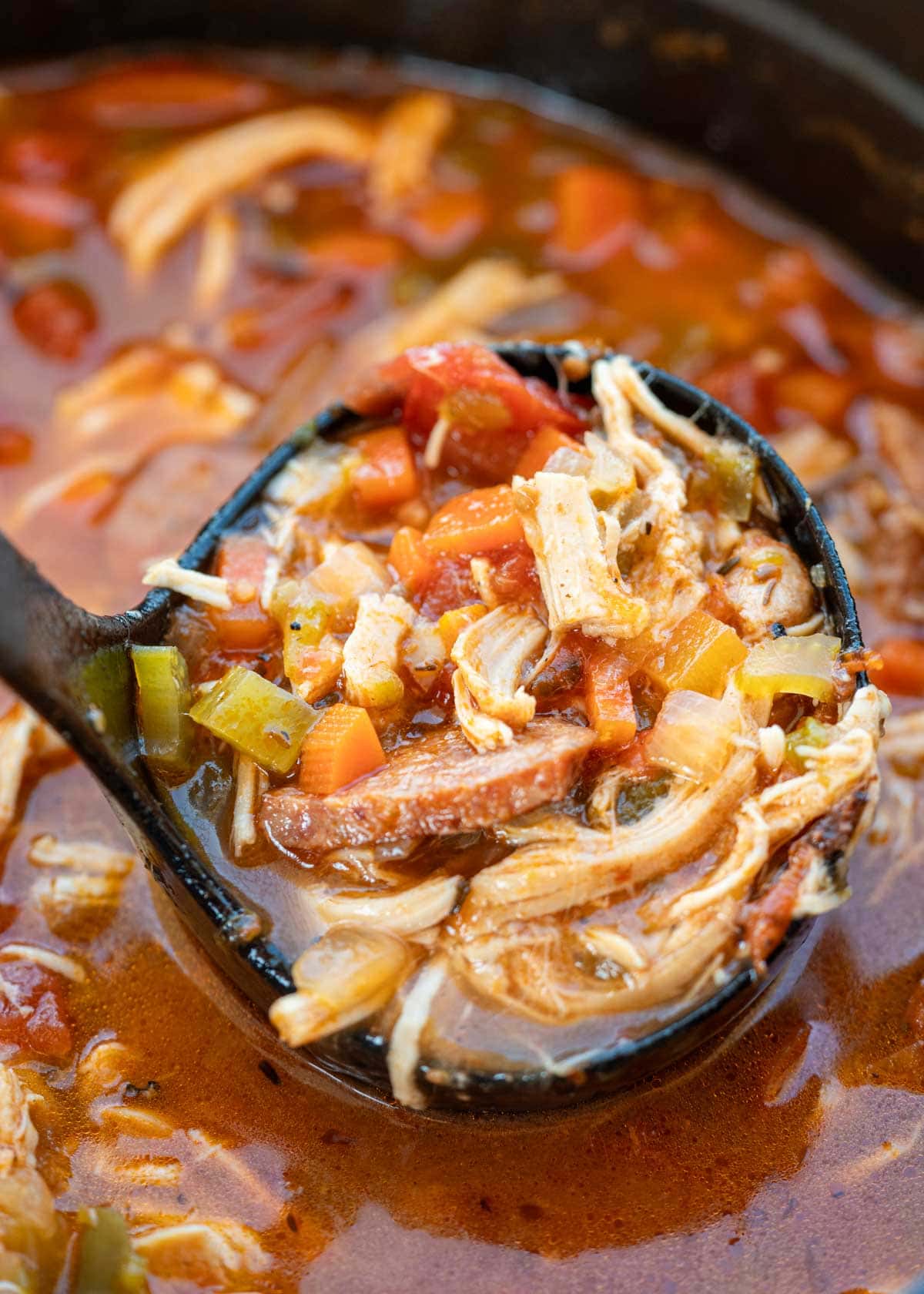 A ladle scooping up a big serving of chicken and andouille soup