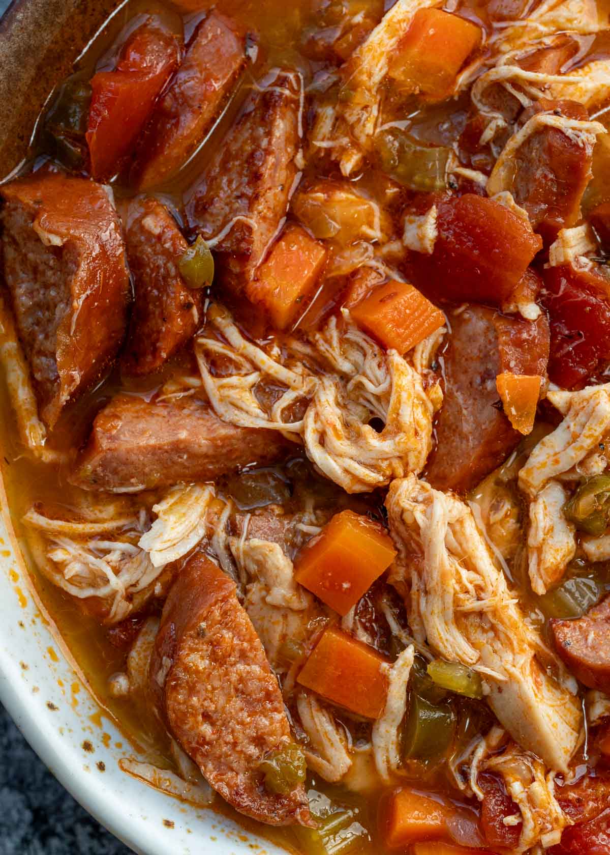 hearty soup with andouille sausage, chicken, bell peppers, and more
