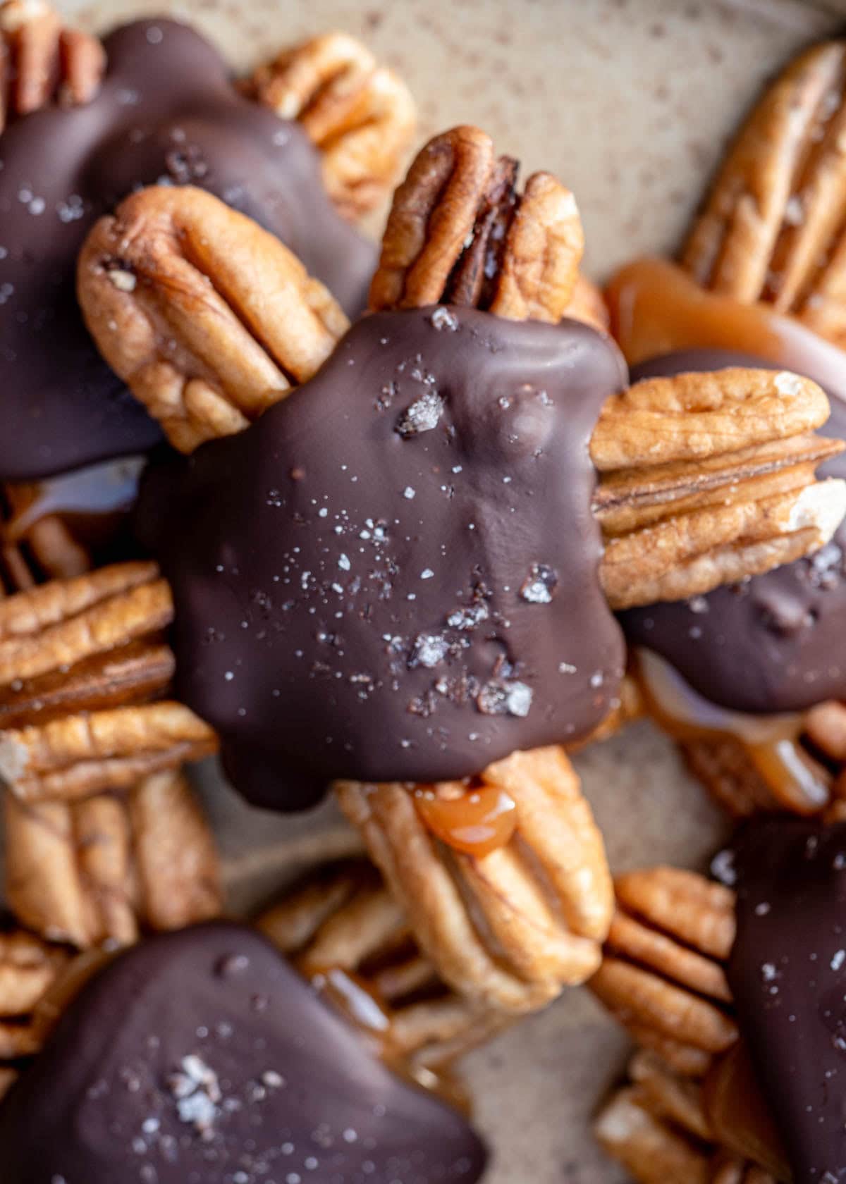 sea salt sprinkled on chocolate caramel turtle candies