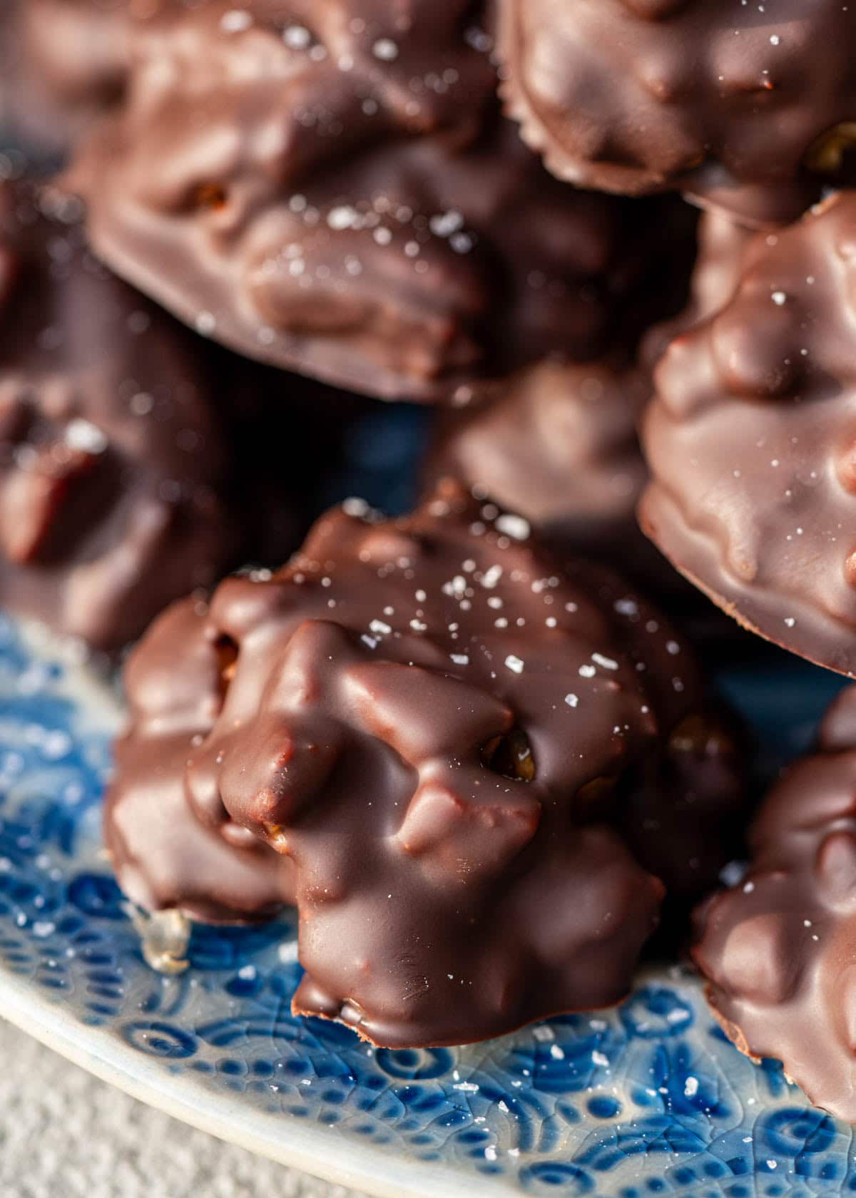 closeup of sea salt turtle candy filled with chocolate, caramel, and pecans
