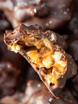 inside view of gooey caramel turtle candy