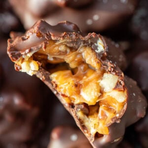 inside view of gooey caramel turtle candy