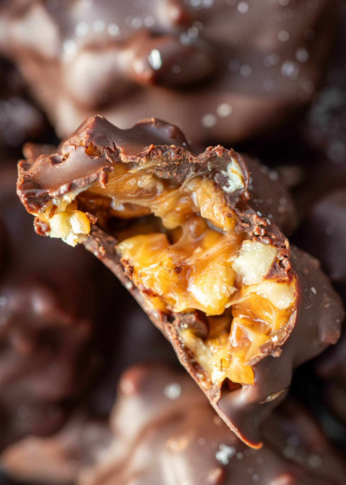 inside view of gooey caramel turtle candy