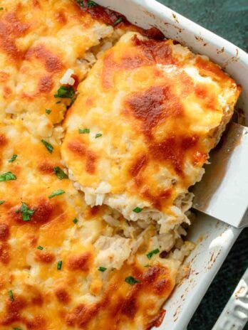 overhead shot showing gooey melted cheese over the perfect chicken and rice casserole
